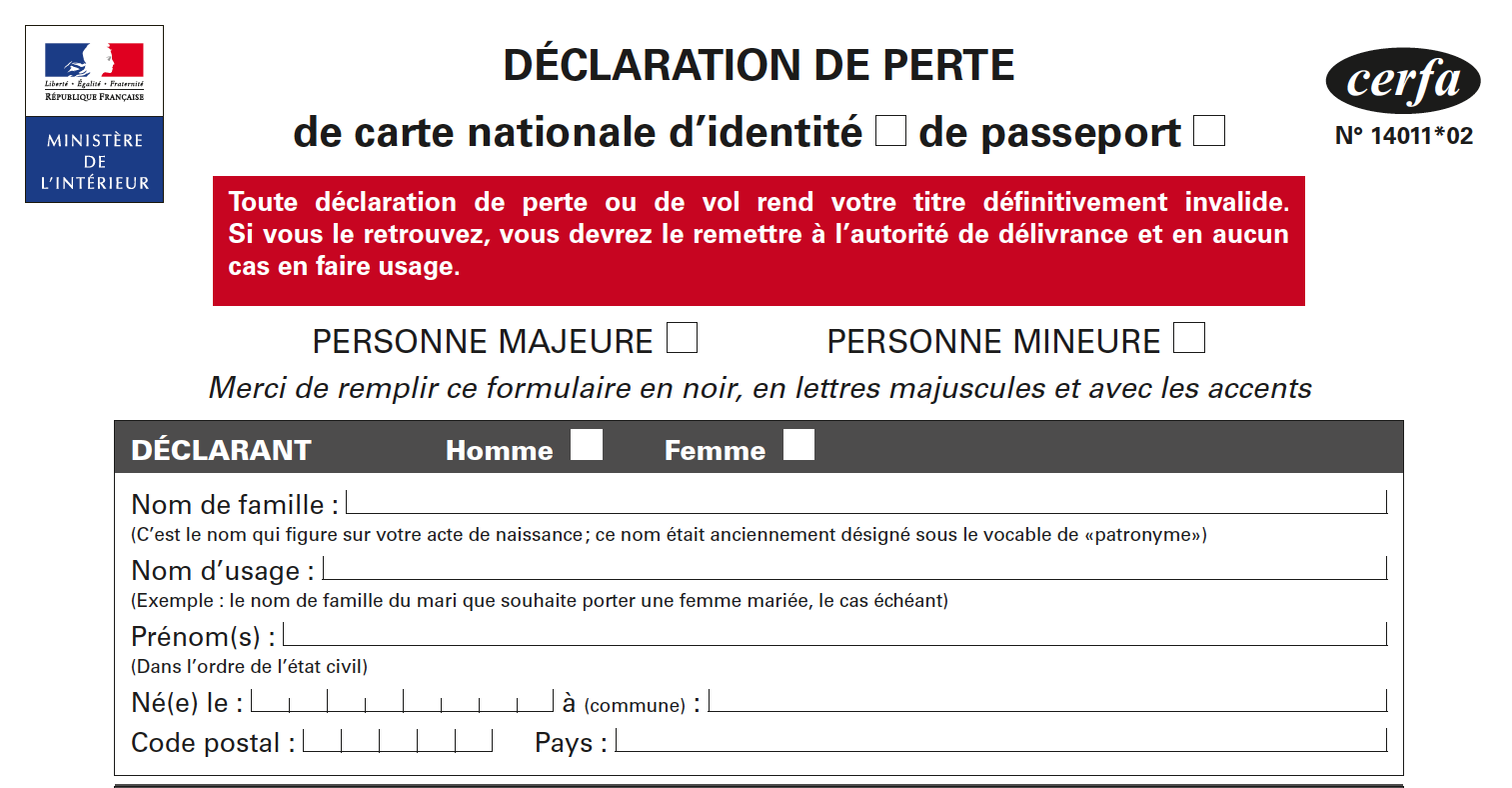 Formulaire de déclaration de perte d'un passeport ou d'une carte d'identité